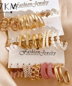 17KM Pearl Twist Hoop Earrings Set Butterfly Acrylic Dangle Earrings for Women Metal Hollow Gold Plated Earring Cartoon Jewelry